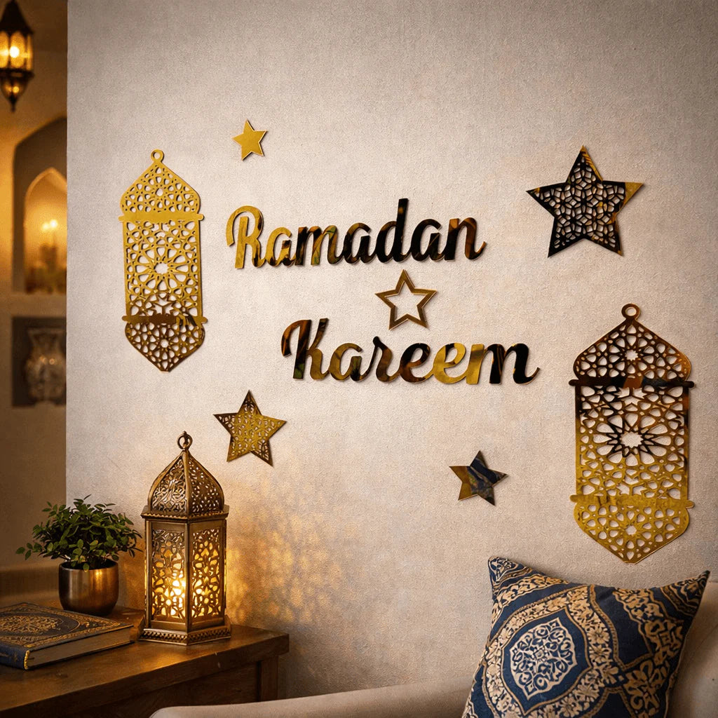 Islamic Ramadan Kareem Golden Acrylic & Black Wooden Decor For Wall Decor